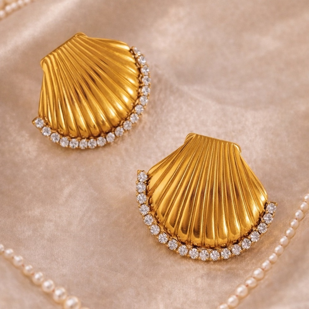 Seashell 18K Gold Stainless Steel Waterproof Crystal Earrings